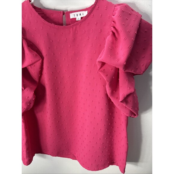 THML Woman’s Puff Sleeve Ruffle Neckline Pink Fuchsia Top Blouse Sz L - Picture 5 of 15